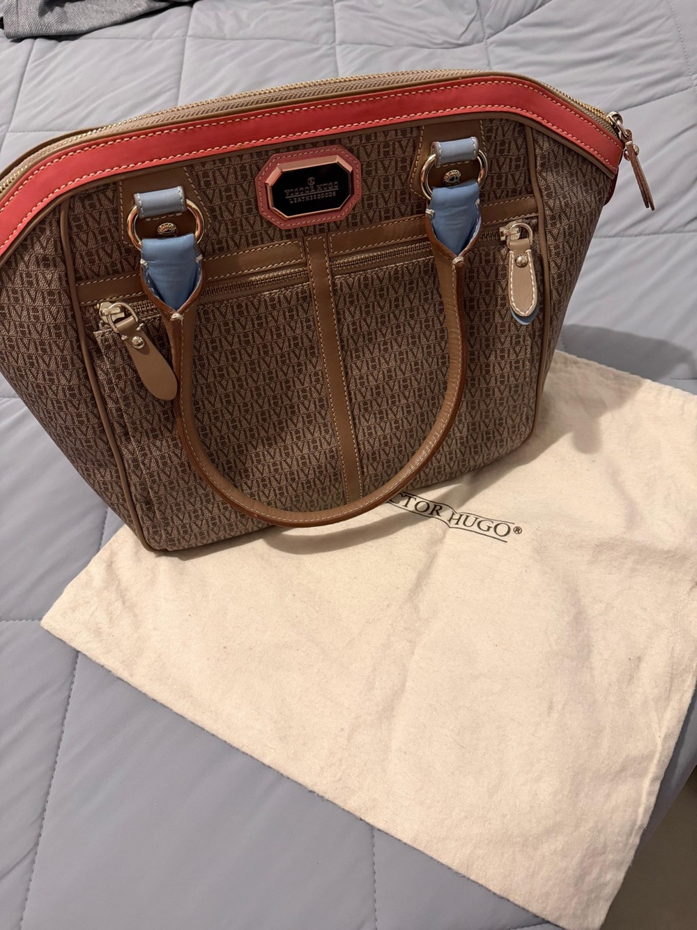 Victor Hugo Brown Monogram Tote with Coral Trim and Light Blue Tabs